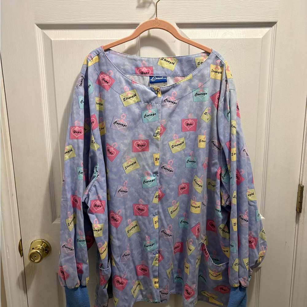 Colorful Heart and Note Print Button-Up Scrub Shirt